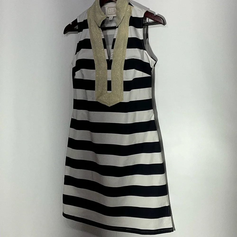 STS Sail to Sable navy & white striped dress gold collar & neckline, side zip XS - Picture 4 of 16